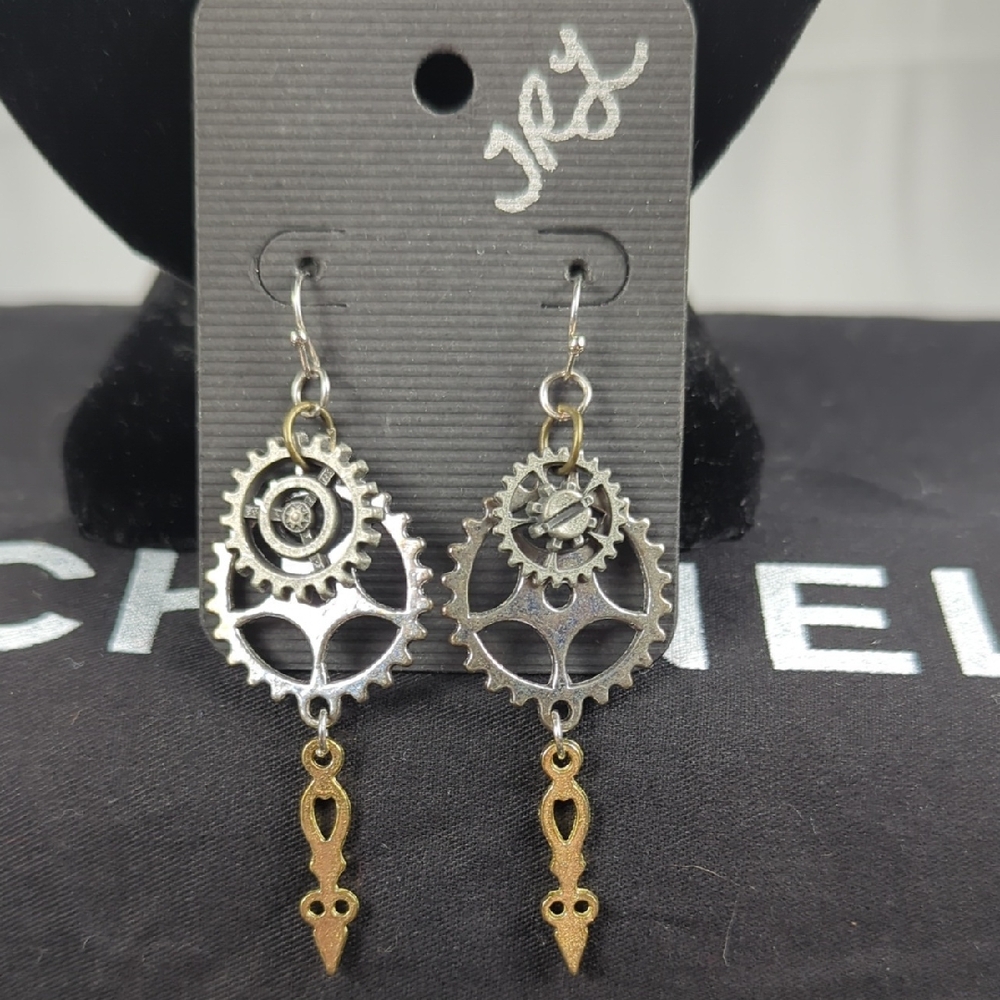 Two-Tone Steampunk Gear Drop Earrings - Silver & Gold